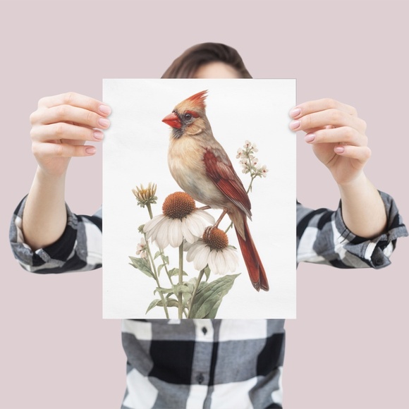 Watercolor Female Cardinal Bird with Flowers Wall Art Print Unframed - Picture 4 of 7